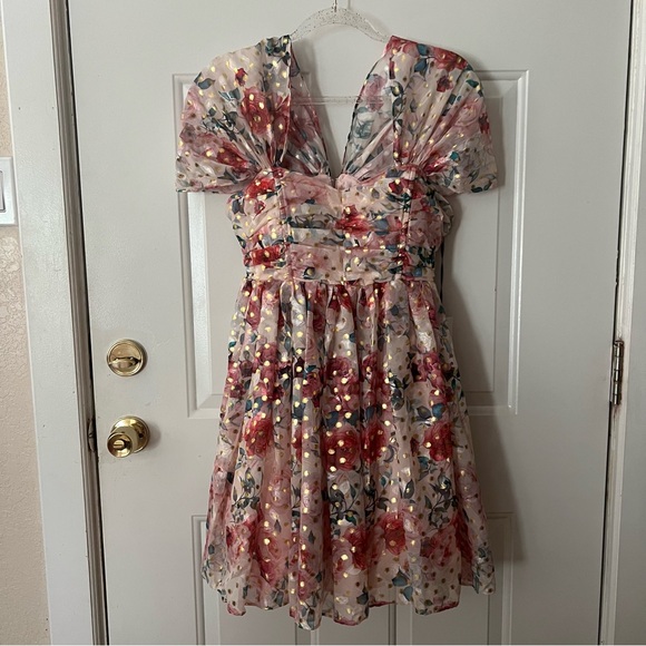 NWT Unique Vintage Pink Floral & Gold Dots Heart & Soul Babydoll Dress - Picture 3 of 7